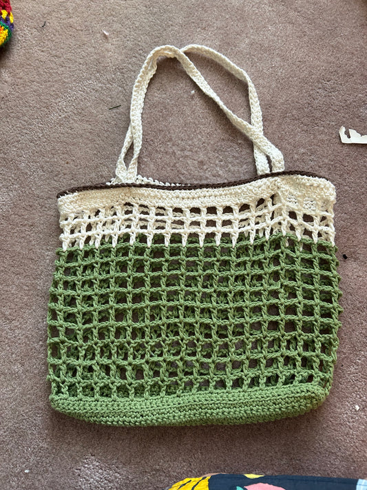 Green, white and brown tote bag