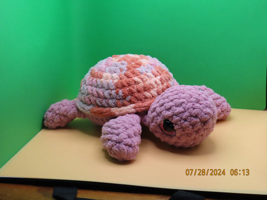 Large Crochet Turtle: Purplish Pink with Multicolor Shell