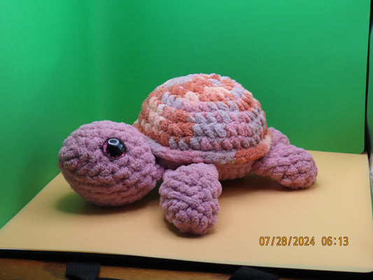 Large Crochet Turtle: Purplish Pink with Multicolor Shell