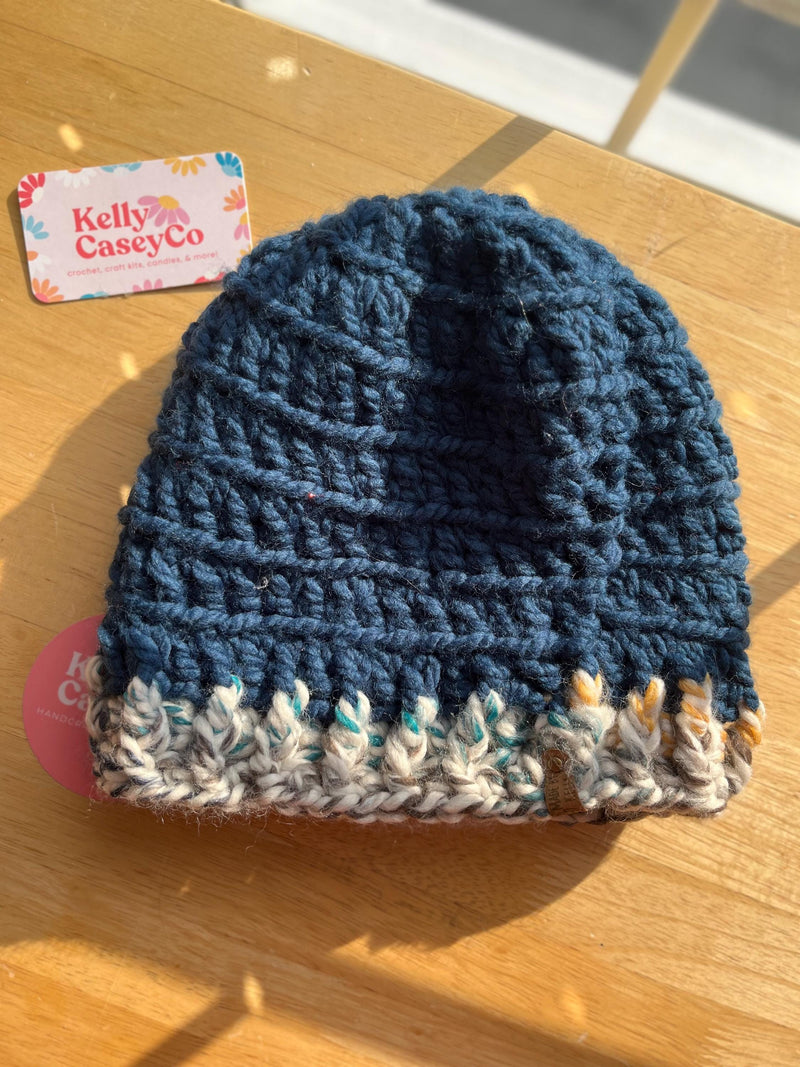 Coziest Cap, custom order size (larger than normal), dark blue and multicolor variegated